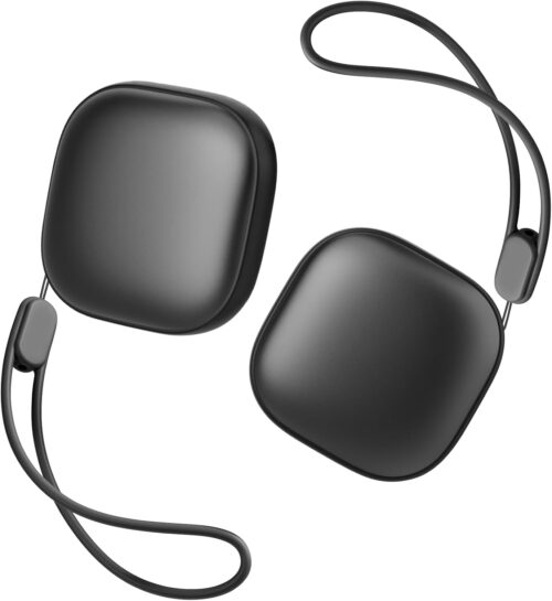 A pair of rechargeable pocket-sized hand warmers, square-shaped with a smooth surface, and equipped with a strap for easy carrying.